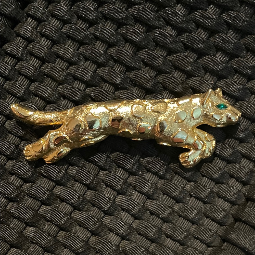 Trifari Gold Leopard Brooch with Green Eye